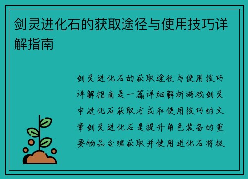 剑灵进化石的获取途径与使用技巧详解指南